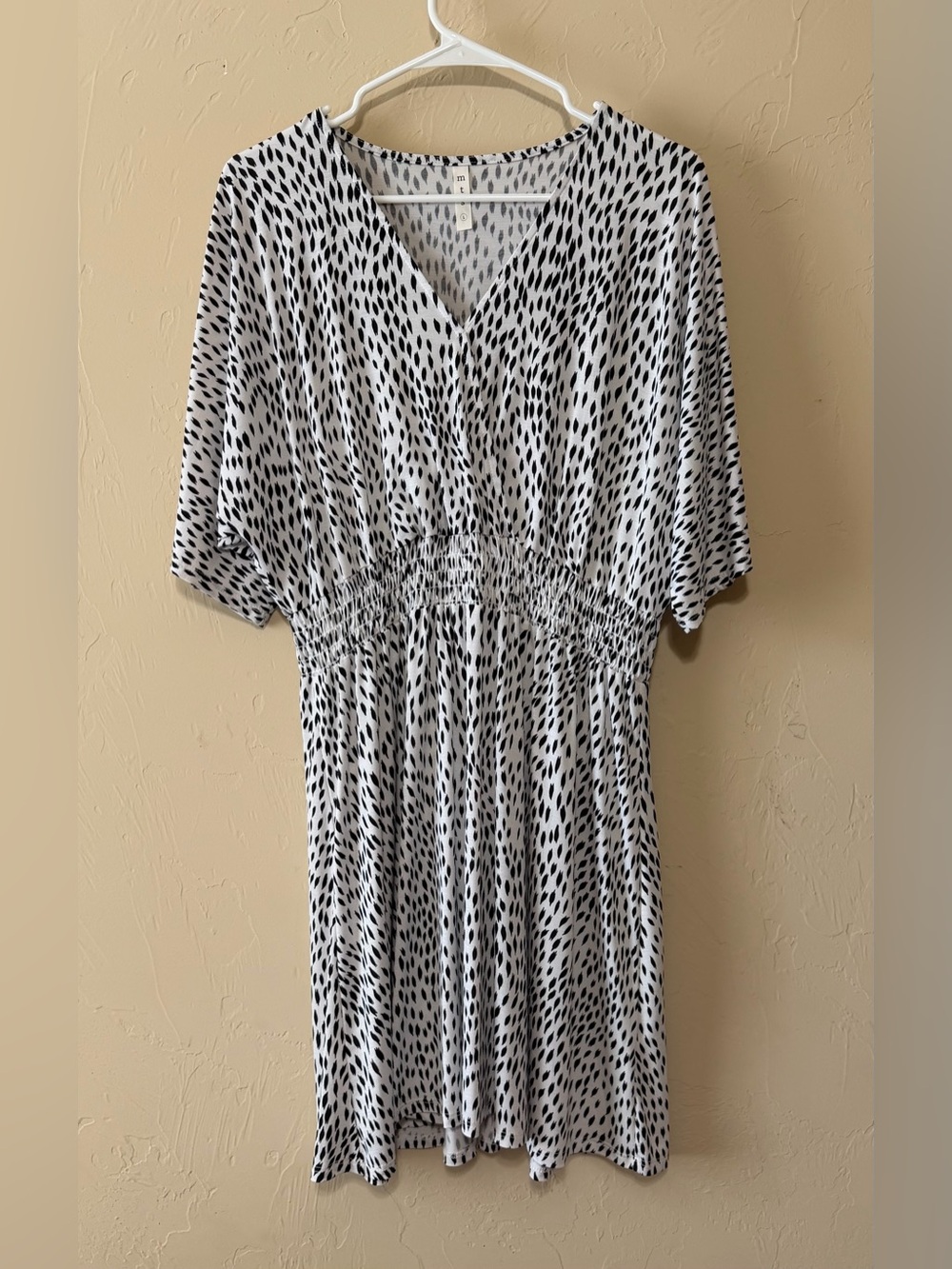 mts Black & White Polka Dot V-Neck Smocked Midi Dress